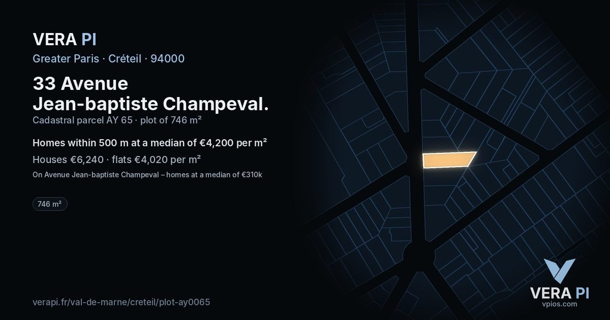 33 Avenue Jean-baptiste Champeval, Créteil at night – the plot lit, the parcels around coloured by the prices near them