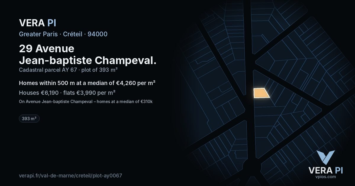 29 Avenue Jean-baptiste Champeval, Créteil at night – the plot lit, the parcels around coloured by the prices near them