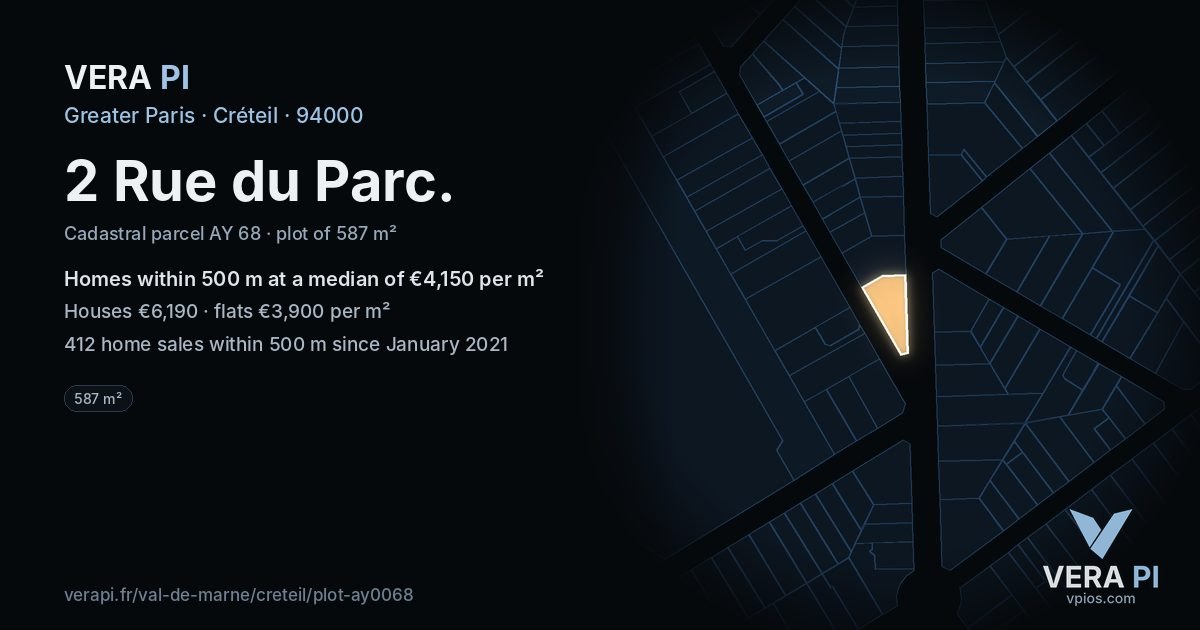 2 Rue du Parc, Créteil at night – the plot lit, the parcels around coloured by the prices near them