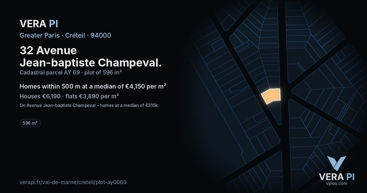 32 Avenue Jean-baptiste Champeval, Créteil at night – the plot lit, the parcels around coloured by the prices near them