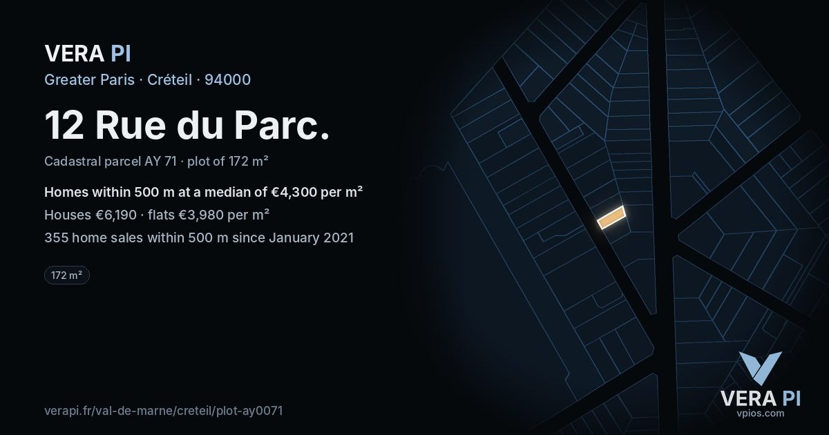 12 Rue du Parc, Créteil at night – the plot lit, the parcels around coloured by the prices near them