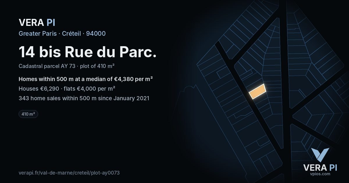 14 bis Rue du Parc, Créteil at night – the plot lit, the parcels around coloured by the prices near them