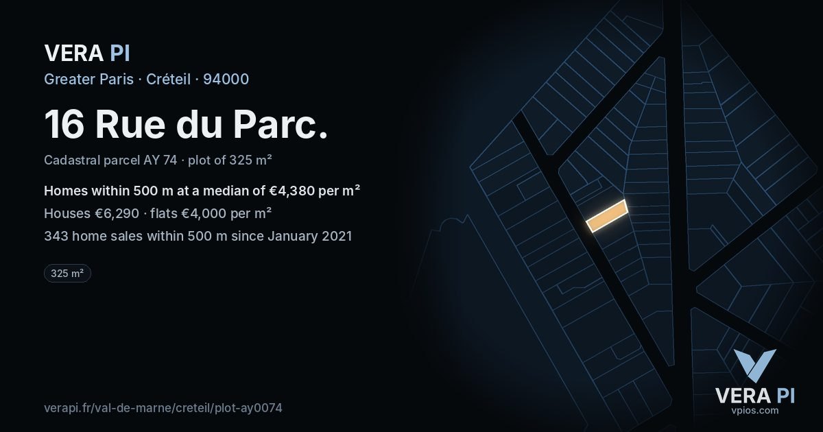 16 Rue du Parc, Créteil at night – the plot lit, the parcels around coloured by the prices near them