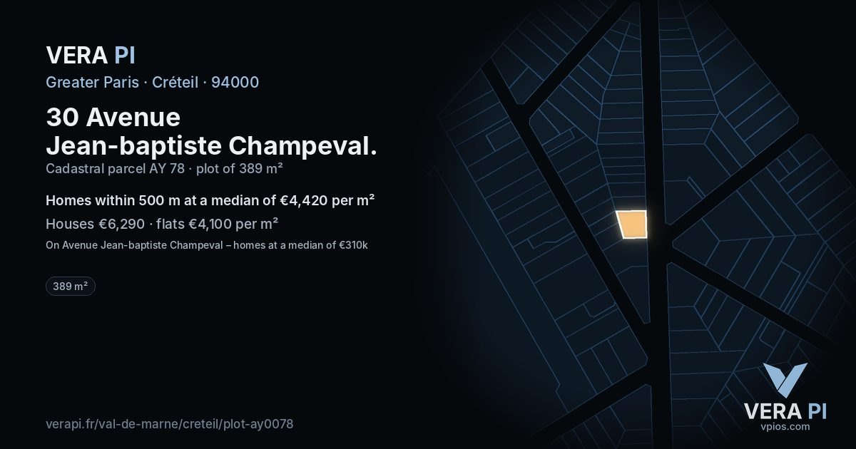 30 Avenue Jean-baptiste Champeval, Créteil at night – the plot lit, the parcels around coloured by the prices near them