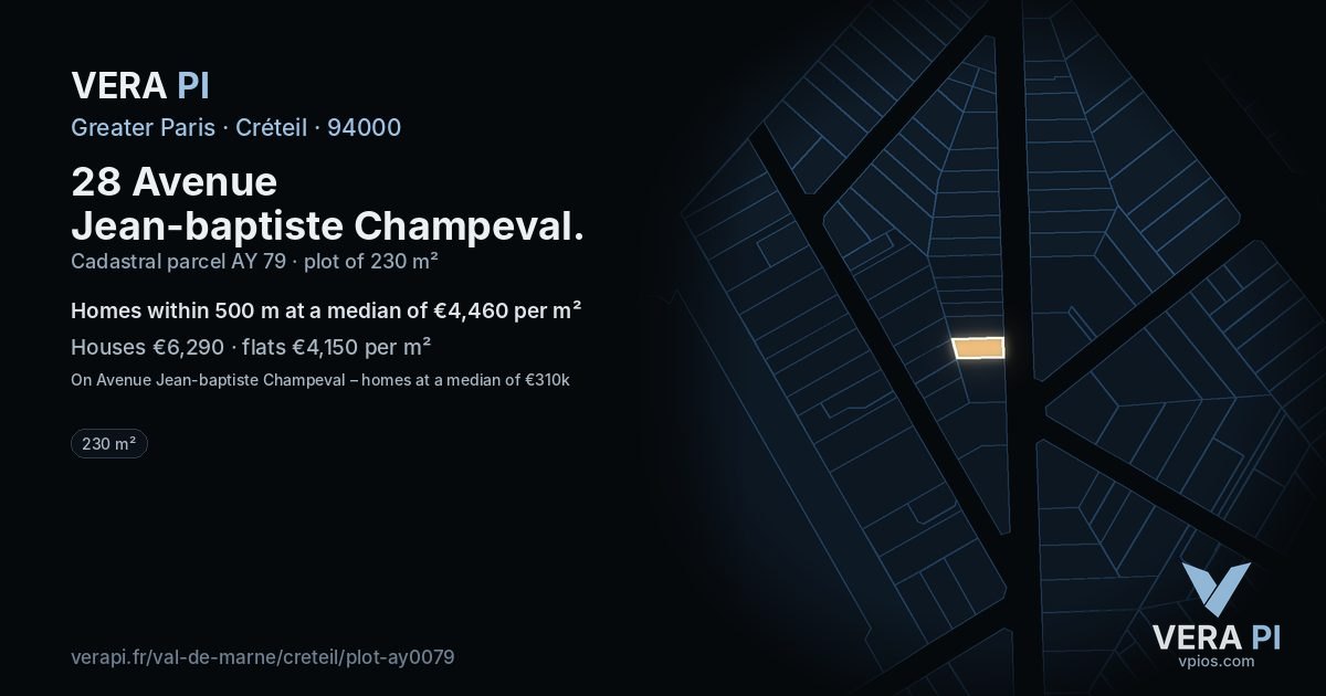 28 Avenue Jean-baptiste Champeval, Créteil at night – the plot lit, the parcels around coloured by the prices near them
