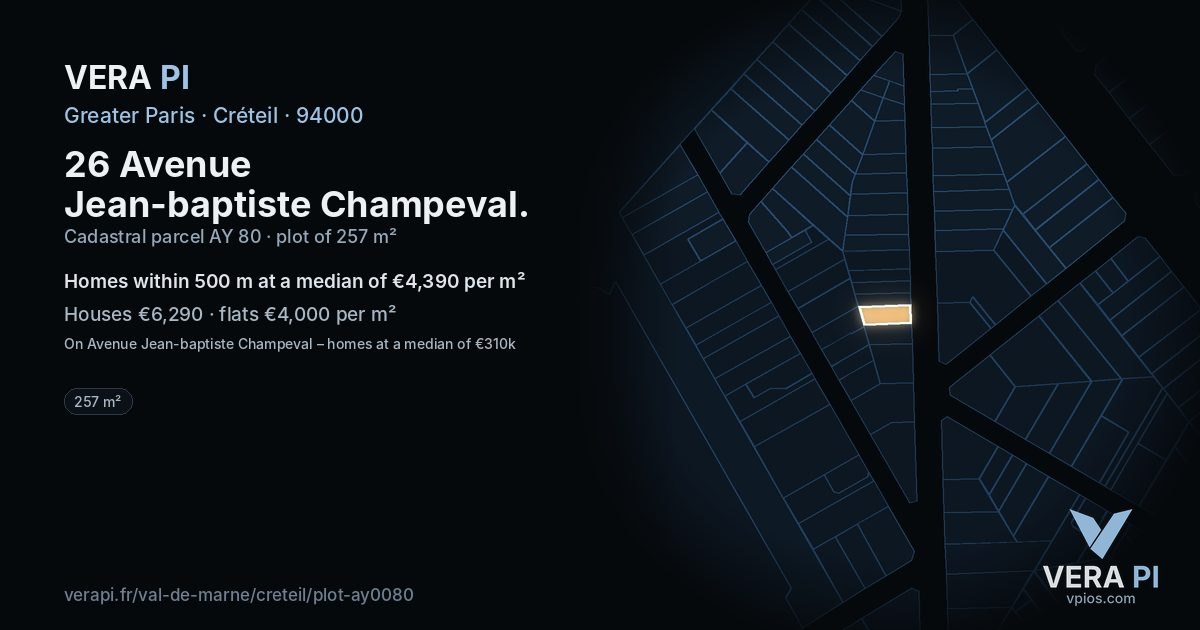26 Avenue Jean-baptiste Champeval, Créteil at night – the plot lit, the parcels around coloured by the prices near them