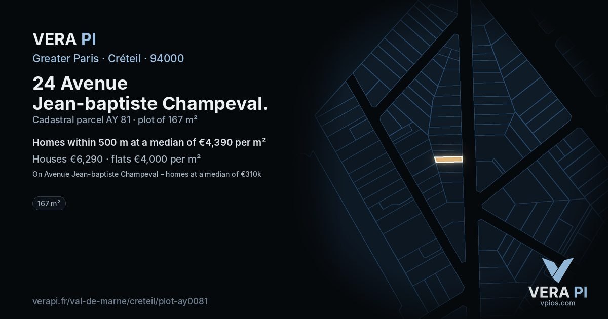 24 Avenue Jean-baptiste Champeval, Créteil at night – the plot lit, the parcels around coloured by the prices near them
