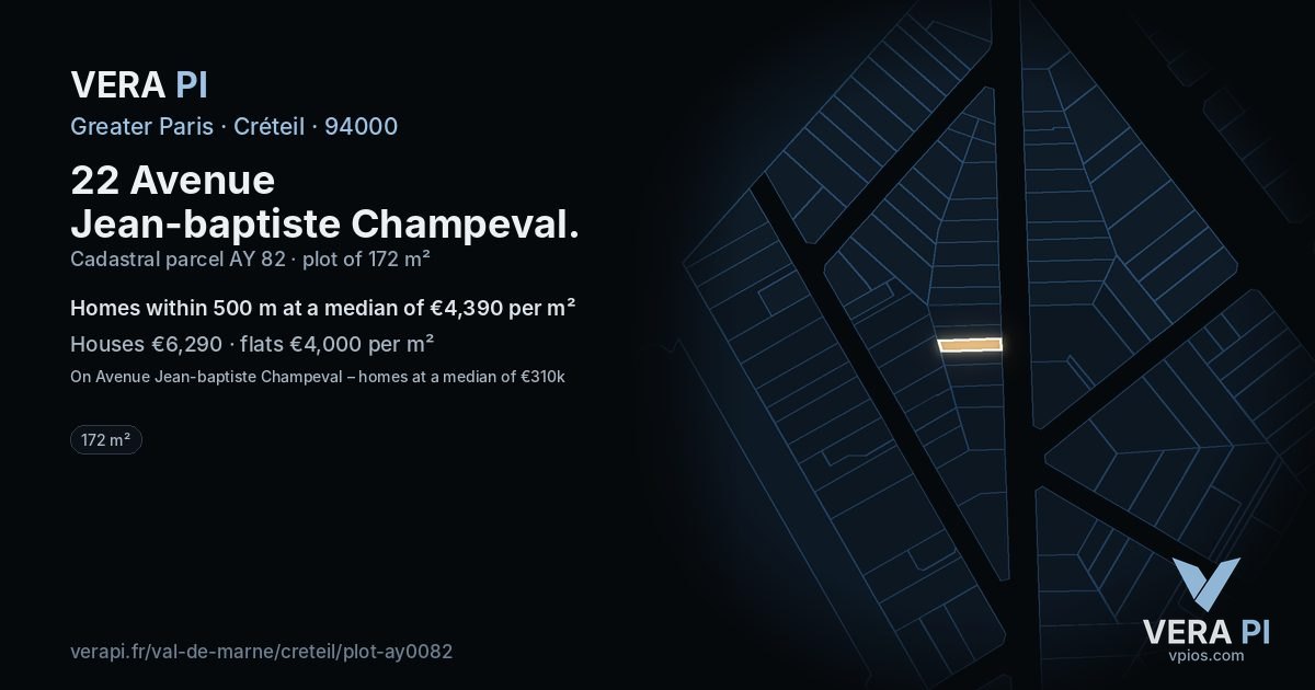 22 Avenue Jean-baptiste Champeval, Créteil at night – the plot lit, the parcels around coloured by the prices near them