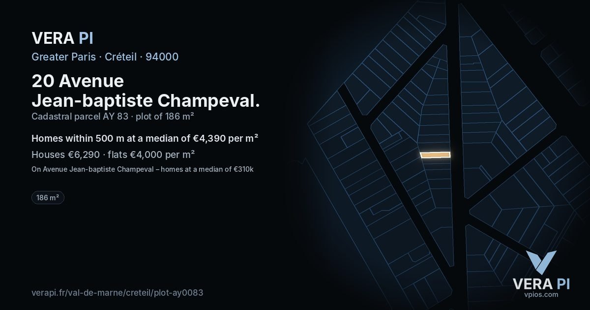 20 Avenue Jean-baptiste Champeval, Créteil at night – the plot lit, the parcels around coloured by the prices near them