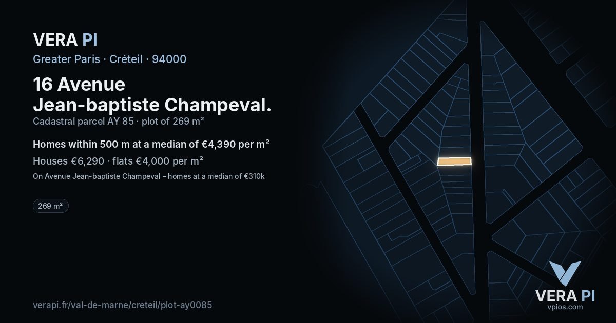 16 Avenue Jean-baptiste Champeval, Créteil at night – the plot lit, the parcels around coloured by the prices near them