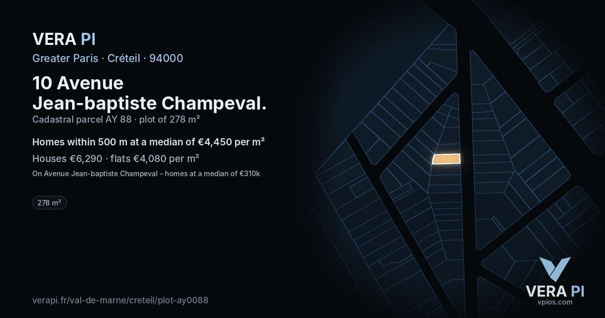 10 Avenue Jean-baptiste Champeval, Créteil at night – the plot lit, the parcels around coloured by the prices near them