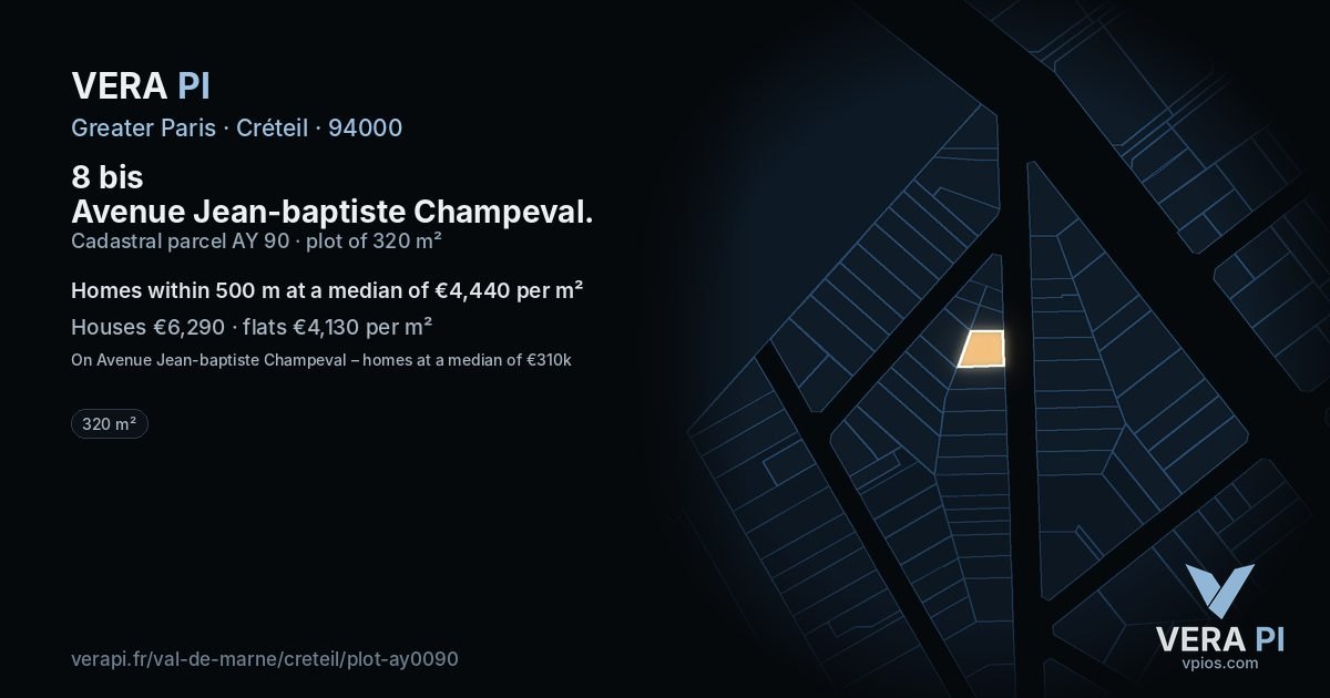 8 bis Avenue Jean-baptiste Champeval, Créteil at night – the plot lit, the parcels around coloured by the prices near them