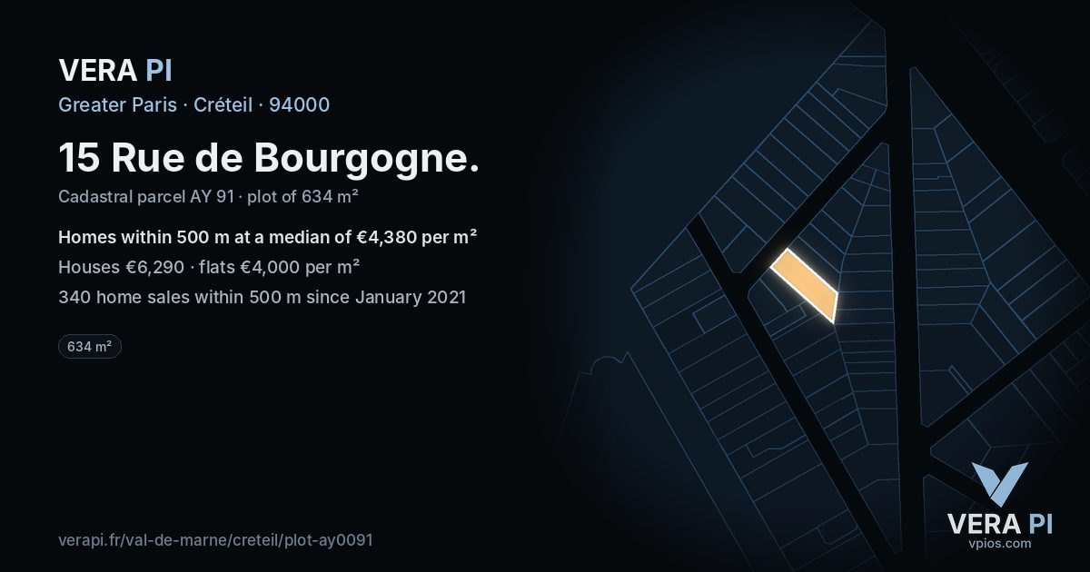 15 Rue de Bourgogne, Créteil at night – the plot lit, the parcels around coloured by the prices near them