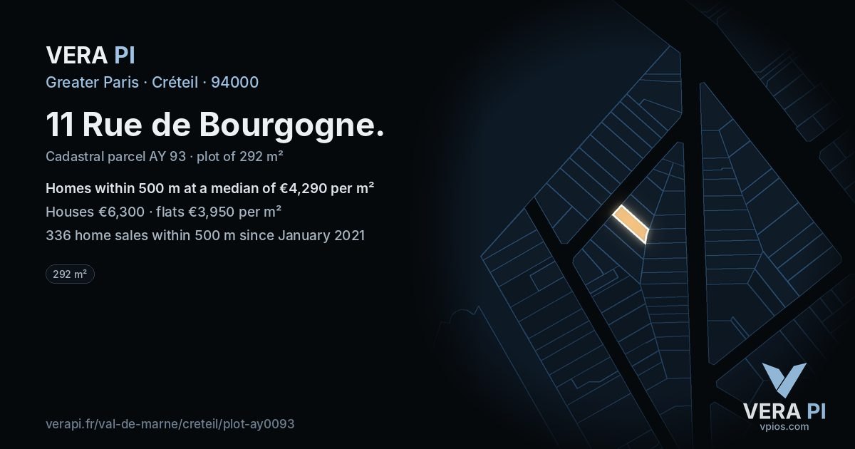 11 Rue de Bourgogne, Créteil at night – the plot lit, the parcels around coloured by the prices near them