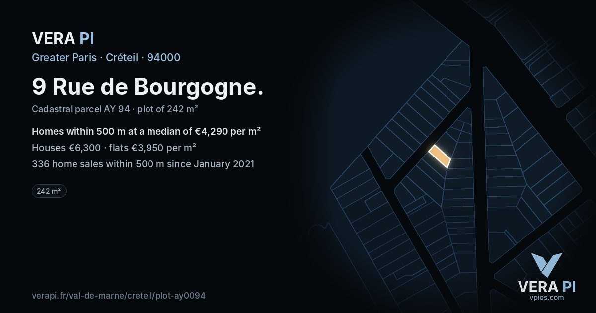 9 Rue de Bourgogne, Créteil at night – the plot lit, the parcels around coloured by the prices near them