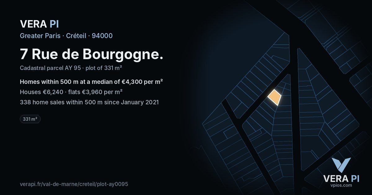 7 Rue de Bourgogne, Créteil at night – the plot lit, the parcels around coloured by the prices near them