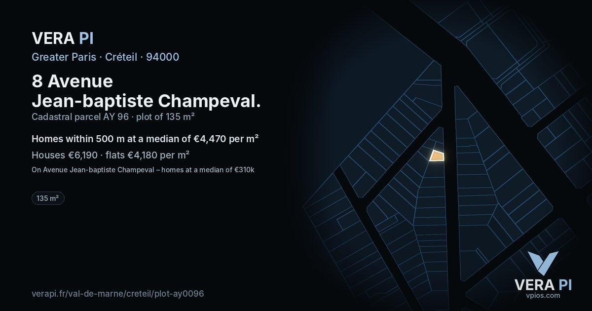 8 Avenue Jean-baptiste Champeval, Créteil at night – the plot lit, the parcels around coloured by the prices near them