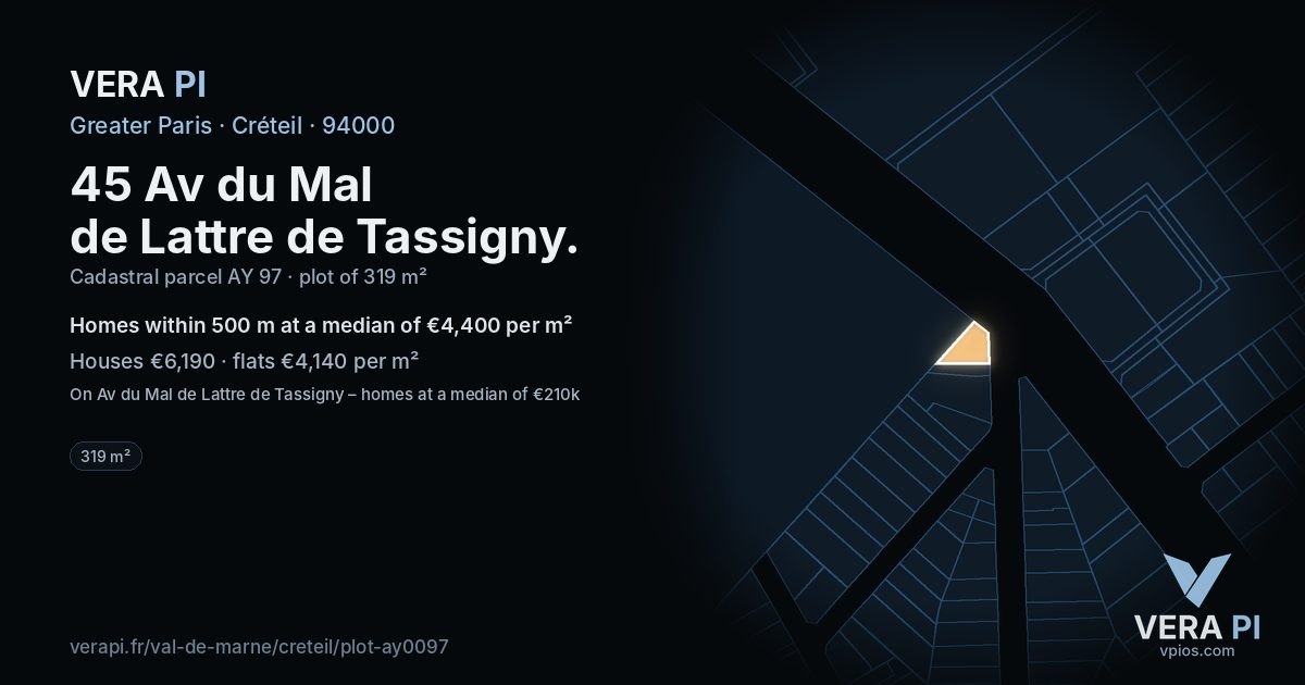 45 Av du Mal de Lattre de Tassigny, Créteil at night – the plot lit, the parcels around coloured by the prices near them
