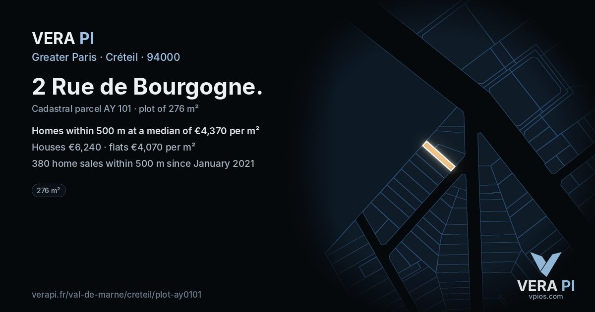 2 Rue de Bourgogne, Créteil at night – the plot lit, the parcels around coloured by the prices near them