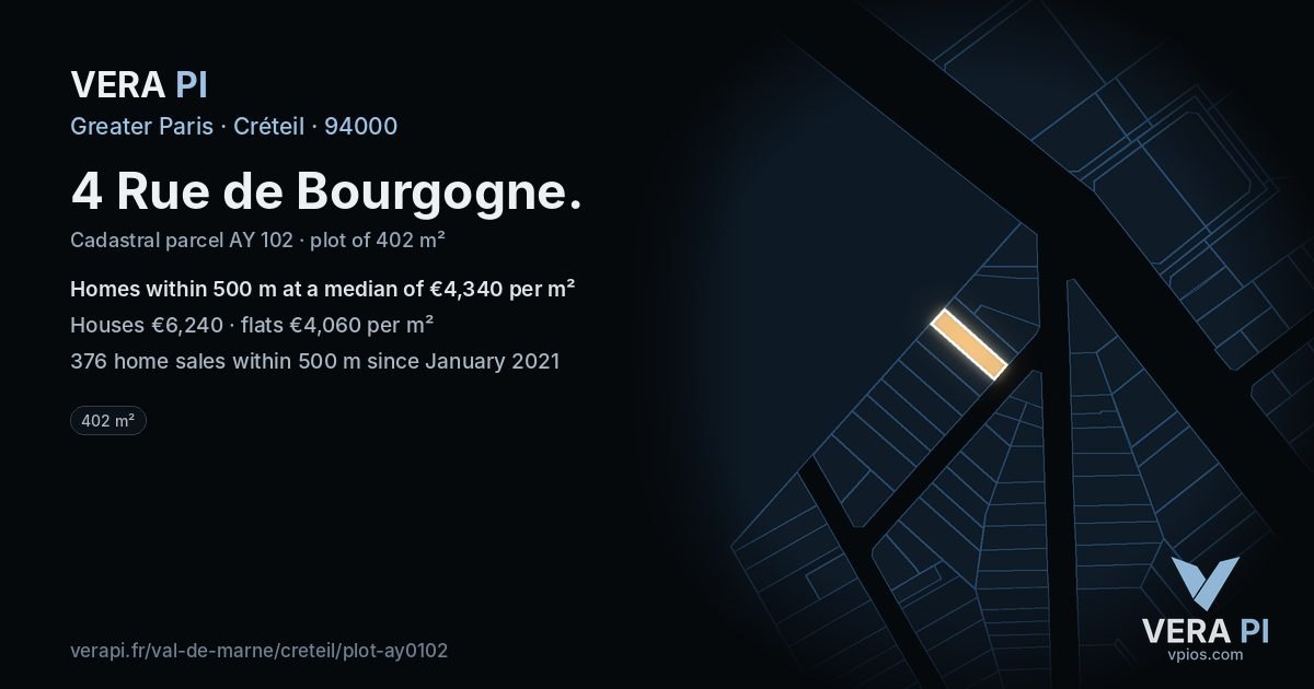 4 Rue de Bourgogne, Créteil at night – the plot lit, the parcels around coloured by the prices near them