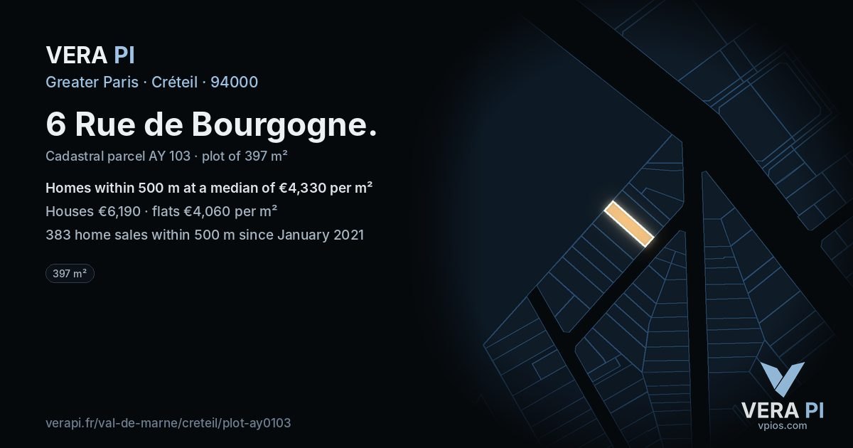 6 Rue de Bourgogne, Créteil at night – the plot lit, the parcels around coloured by the prices near them