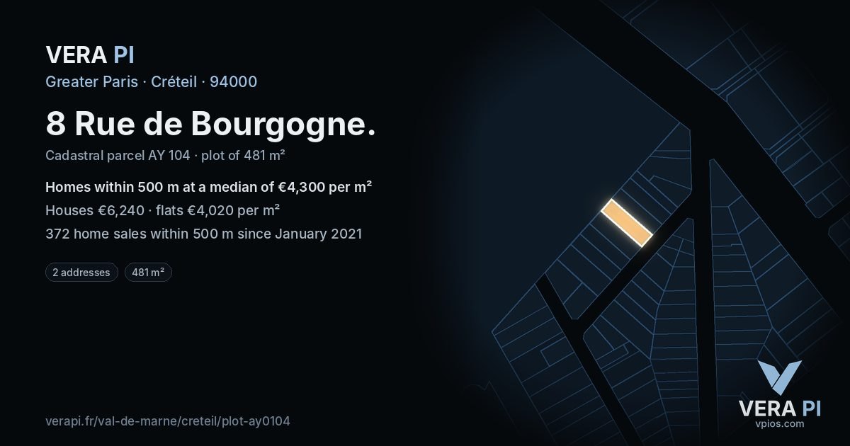 8 Rue de Bourgogne, Créteil at night – the plot lit, the parcels around coloured by the prices near them