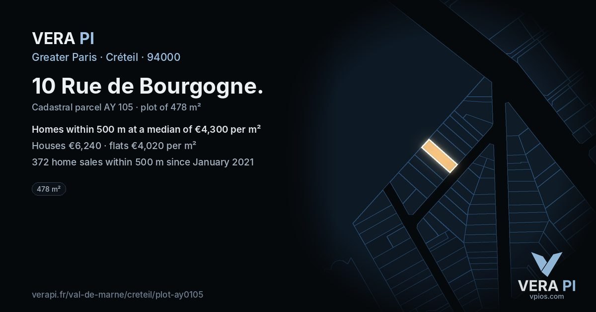 10 Rue de Bourgogne, Créteil at night – the plot lit, the parcels around coloured by the prices near them