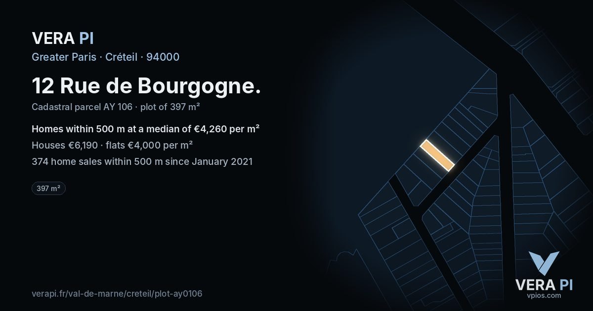 12 Rue de Bourgogne, Créteil at night – the plot lit, the parcels around coloured by the prices near them