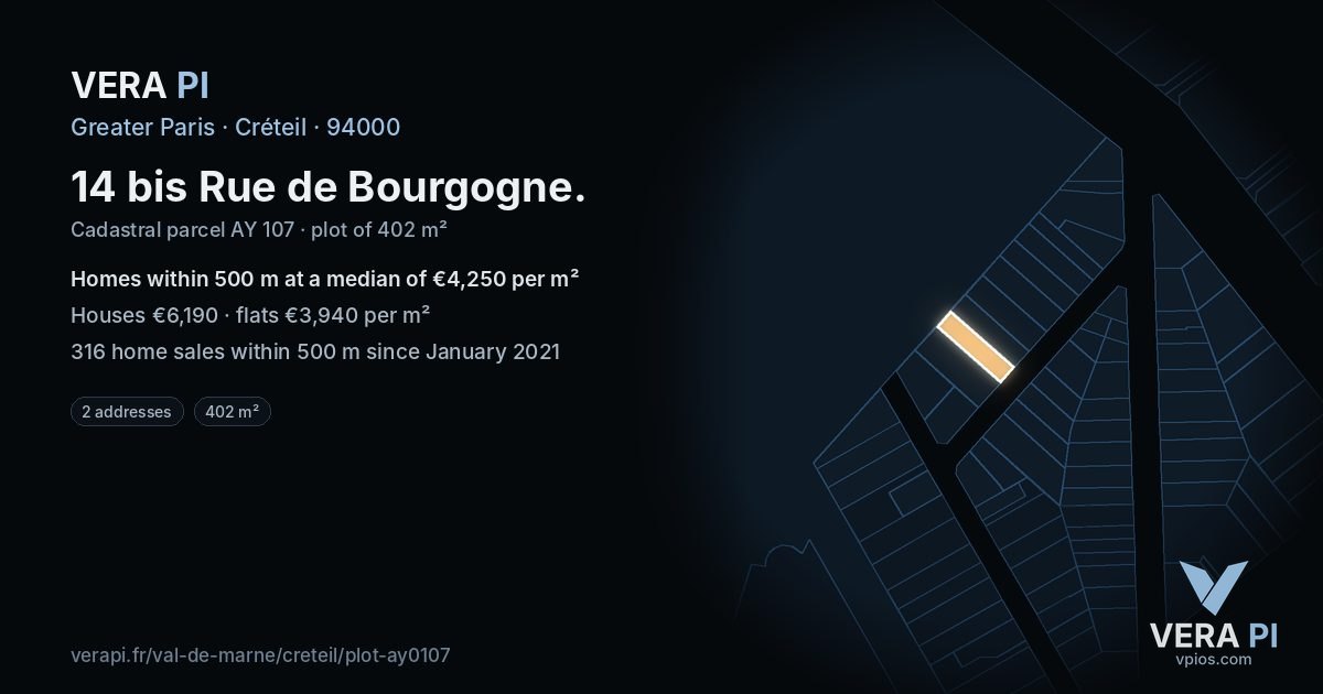 14 bis Rue de Bourgogne, Créteil at night – the plot lit, the parcels around coloured by the prices near them