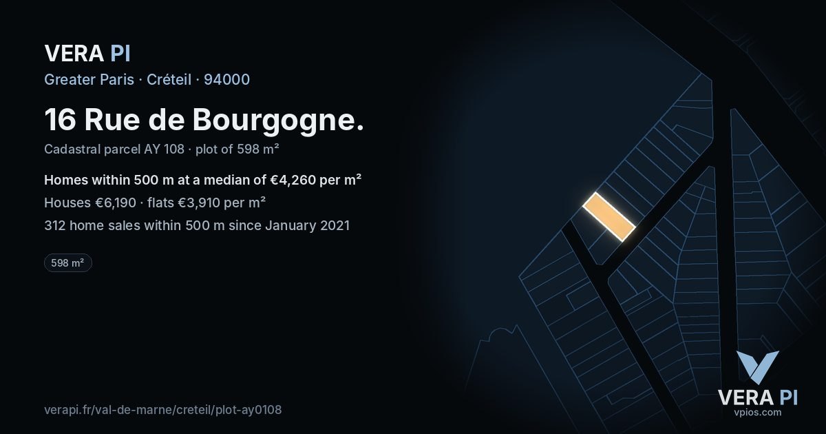 16 Rue de Bourgogne, Créteil at night – the plot lit, the parcels around coloured by the prices near them