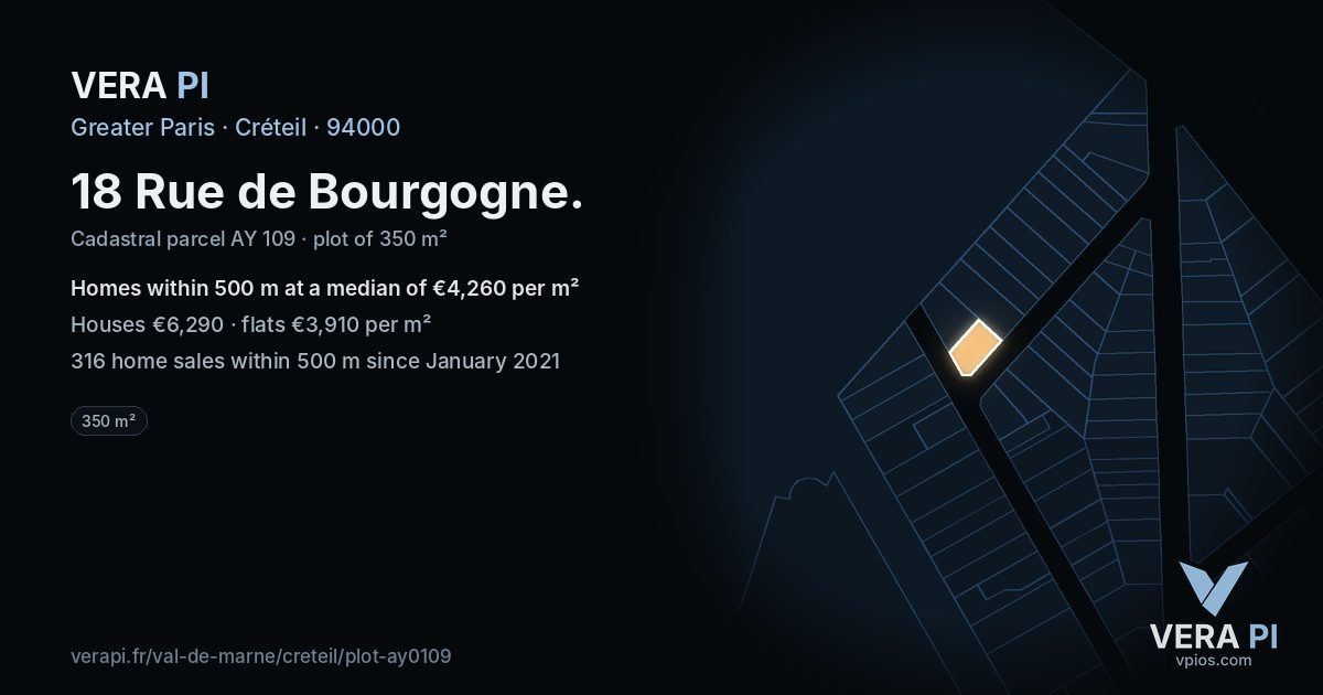 18 Rue de Bourgogne, Créteil at night – the plot lit, the parcels around coloured by the prices near them