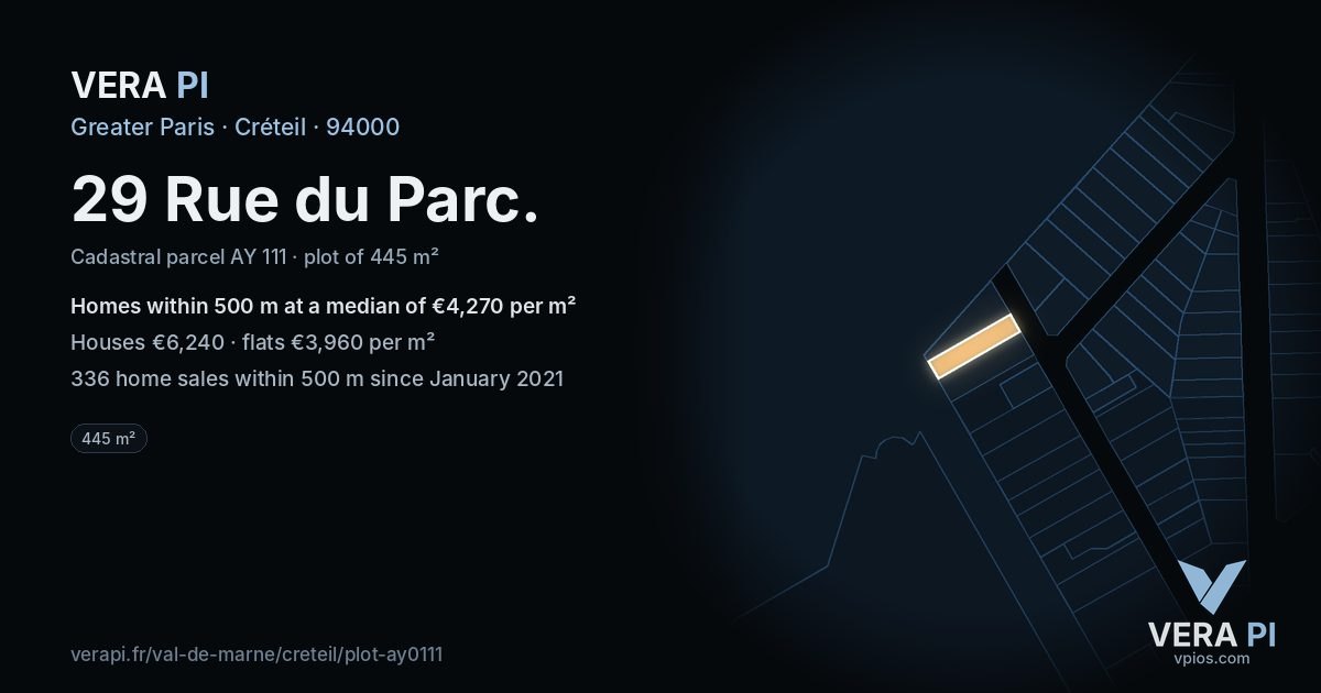 29 Rue du Parc, Créteil at night – the plot lit, the parcels around coloured by the prices near them
