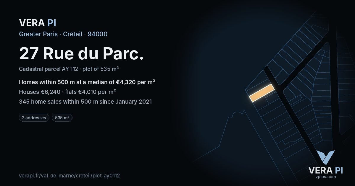 27 Rue du Parc, Créteil at night – the plot lit, the parcels around coloured by the prices near them