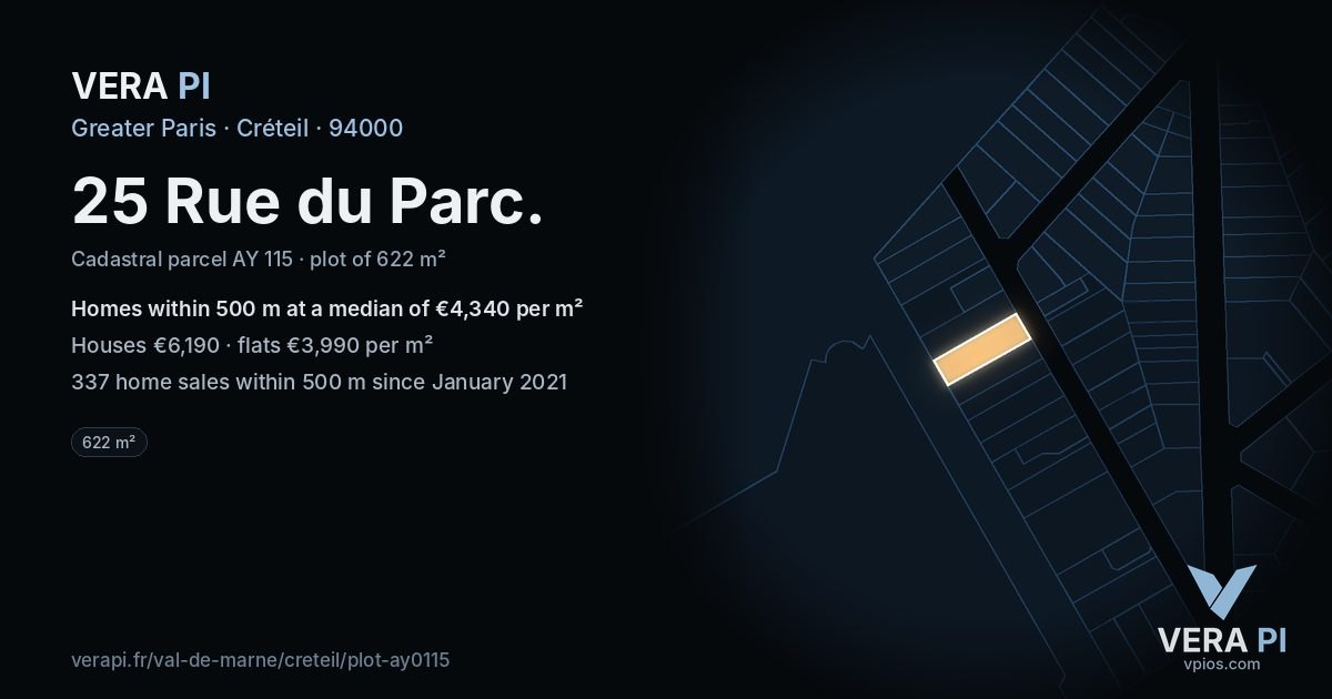 25 Rue du Parc, Créteil at night – the plot lit, the parcels around coloured by the prices near them