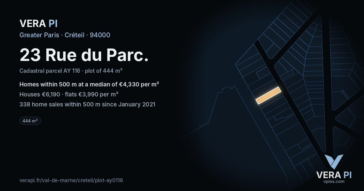 23 Rue du Parc, Créteil at night – the plot lit, the parcels around coloured by the prices near them