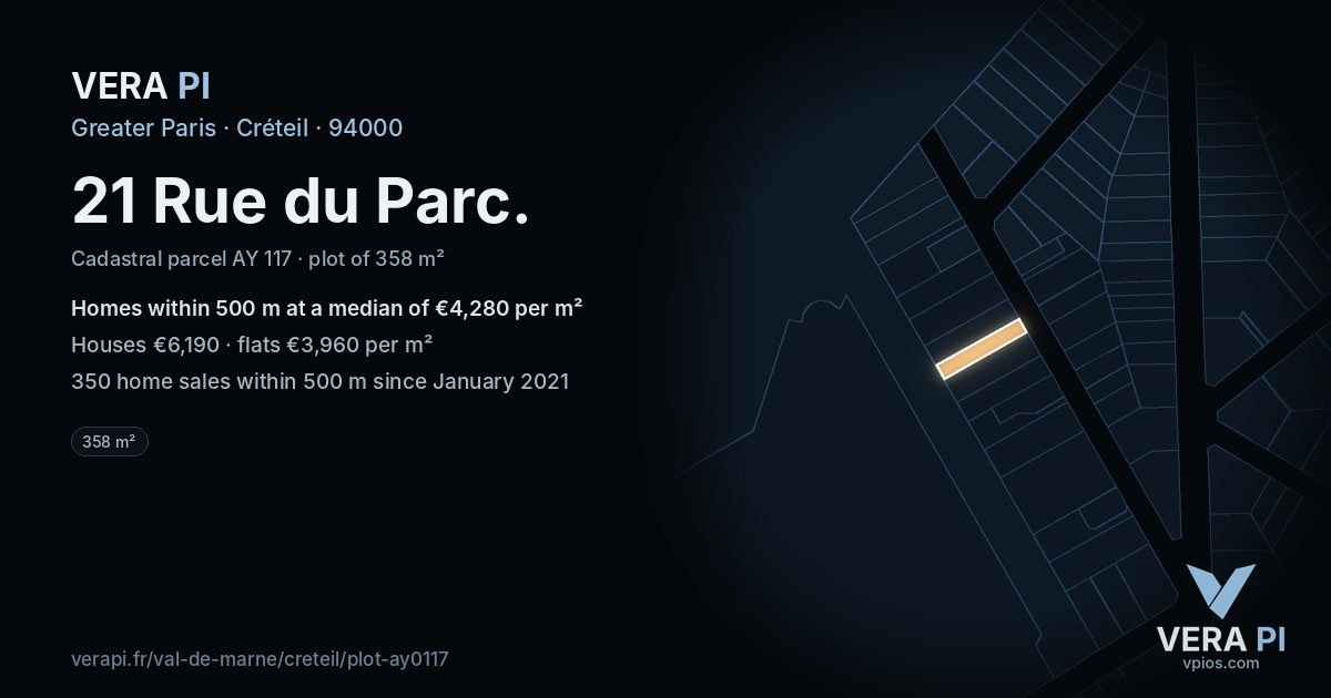 21 Rue du Parc, Créteil at night – the plot lit, the parcels around coloured by the prices near them