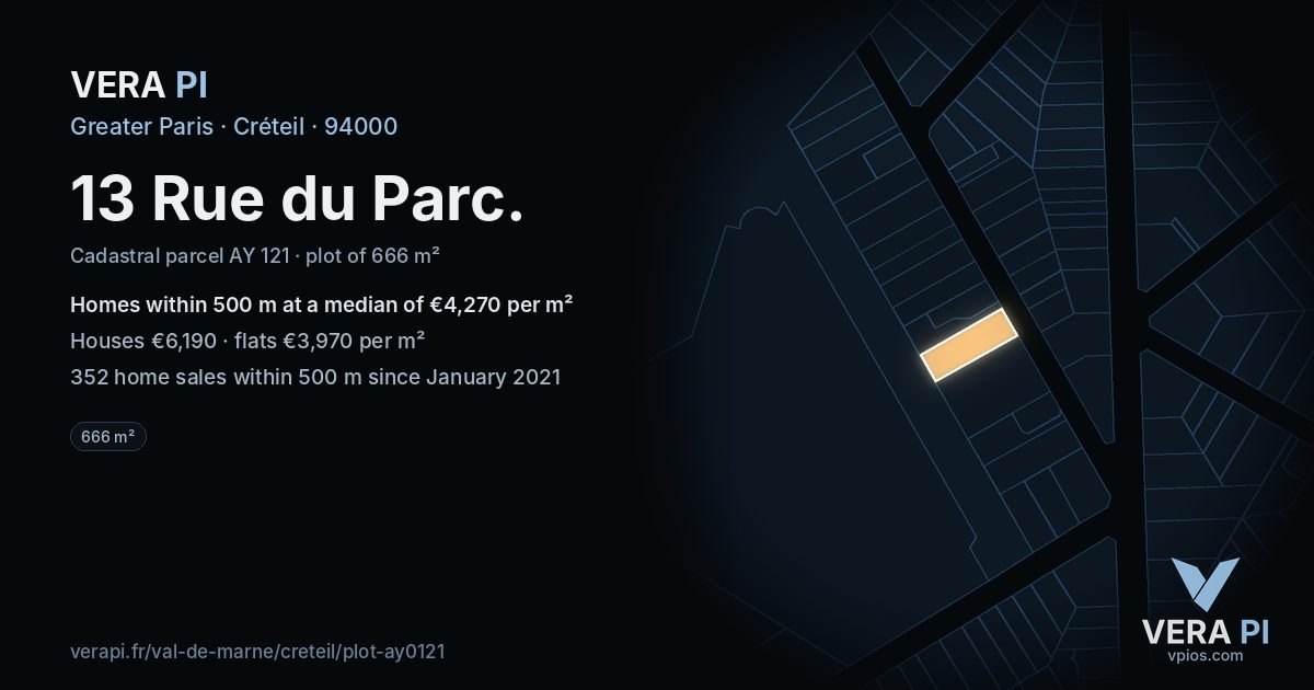13 Rue du Parc, Créteil at night – the plot lit, the parcels around coloured by the prices near them