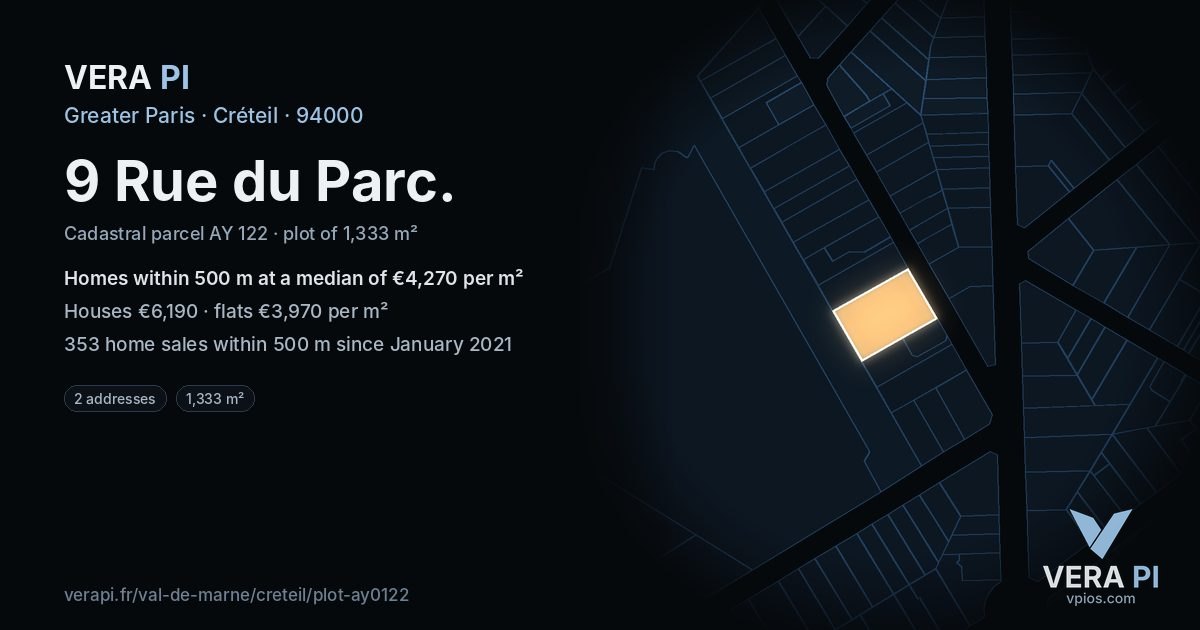 9 Rue du Parc, Créteil at night – the plot lit, the parcels around coloured by the prices near them