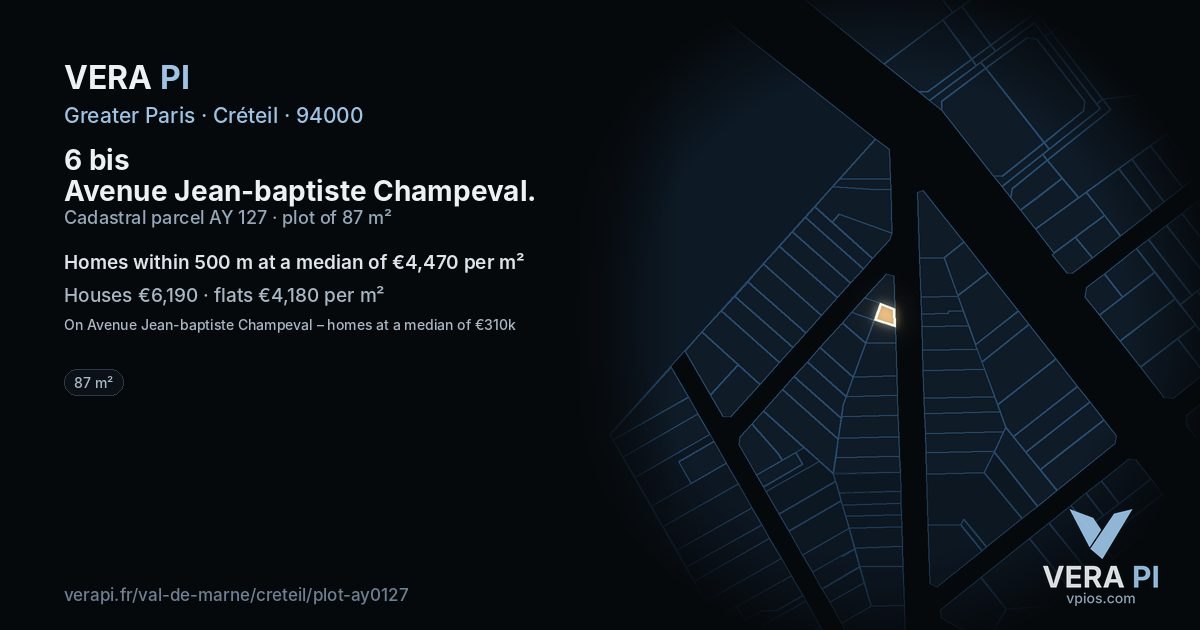 6 bis Avenue Jean-baptiste Champeval, Créteil at night – the plot lit, the parcels around coloured by the prices near them