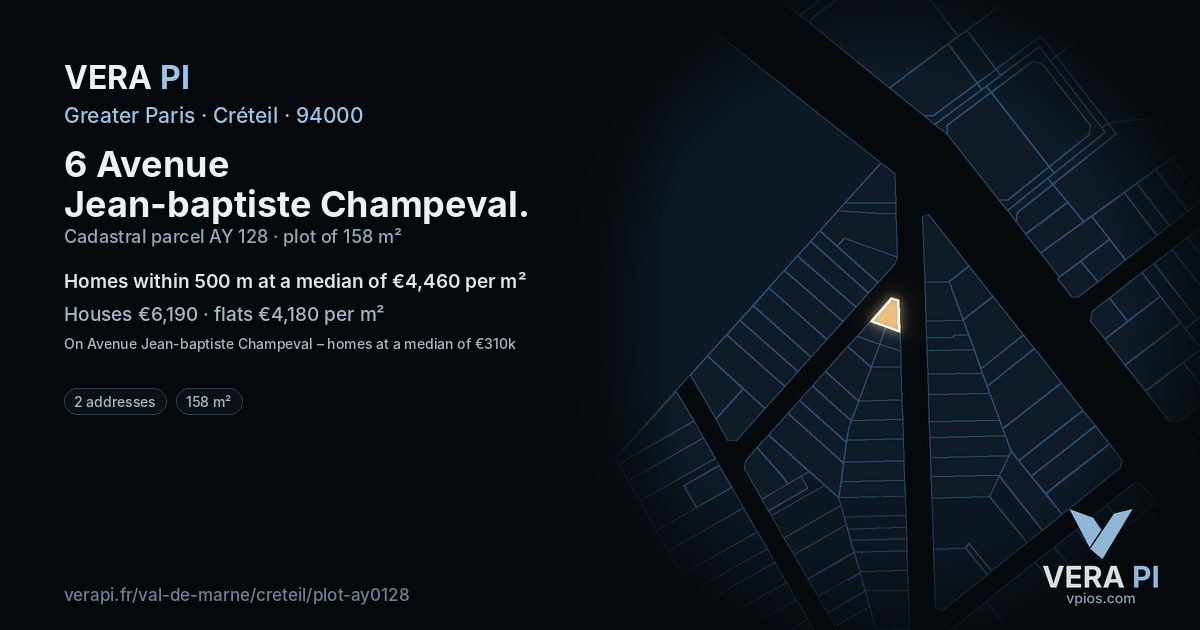 6 Avenue Jean-baptiste Champeval, Créteil at night – the plot lit, the parcels around coloured by the prices near them