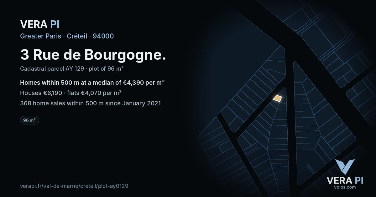 3 Rue de Bourgogne, Créteil at night – the plot lit, the parcels around coloured by the prices near them