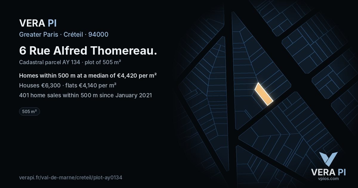 6 Rue Alfred Thomereau, Créteil at night – the plot lit, the parcels around coloured by the prices near them