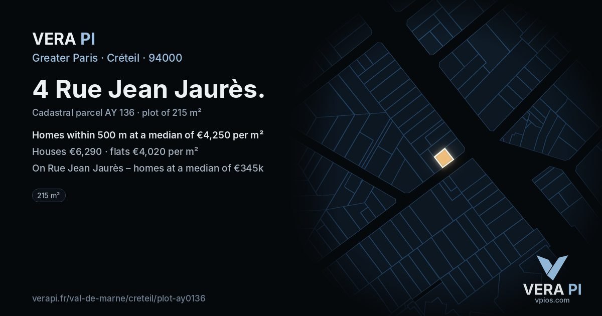 4 Rue Jean Jaurès, Créteil at night – the plot lit, the parcels around coloured by the prices near them