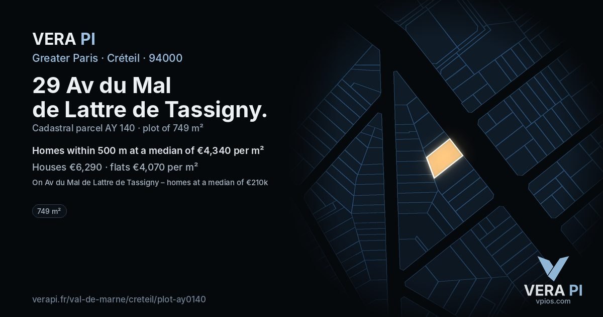 29 Av du Mal de Lattre de Tassigny, Créteil at night – the plot lit, the parcels around coloured by the prices near them