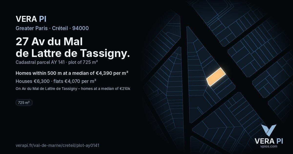 27 Av du Mal de Lattre de Tassigny, Créteil at night – the plot lit, the parcels around coloured by the prices near them