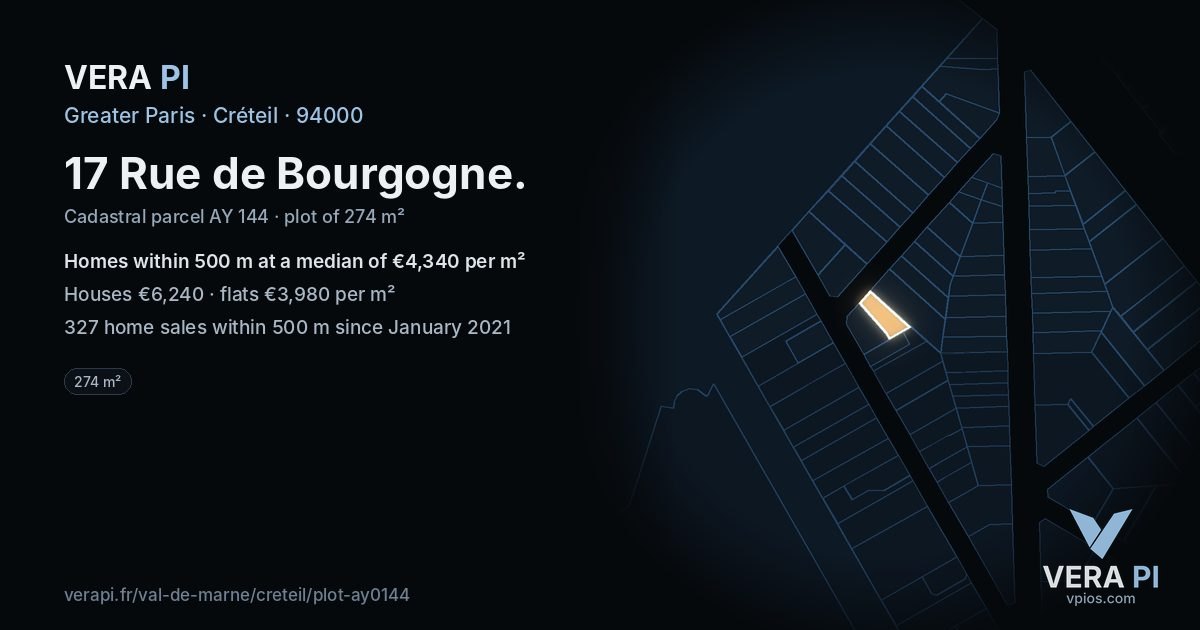17 Rue de Bourgogne, Créteil at night – the plot lit, the parcels around coloured by the prices near them