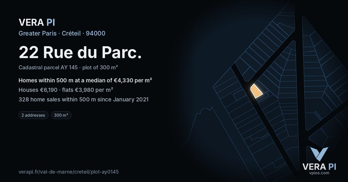 22 Rue du Parc, Créteil at night – the plot lit, the parcels around coloured by the prices near them