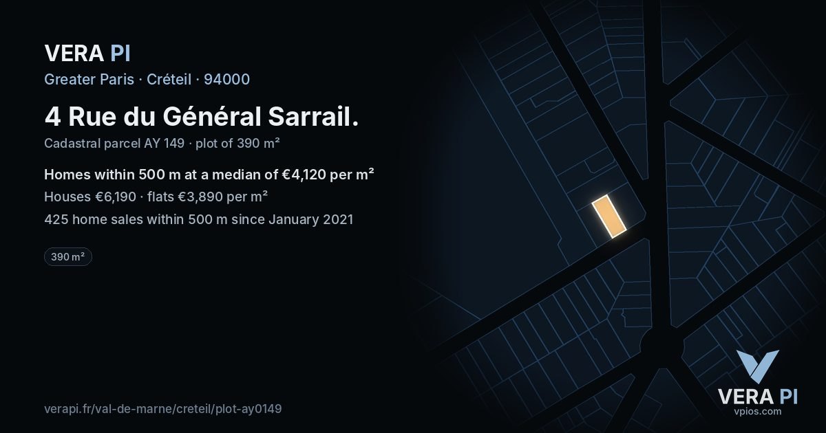 4 Rue du Général Sarrail, Créteil at night – the plot lit, the parcels around coloured by the prices near them
