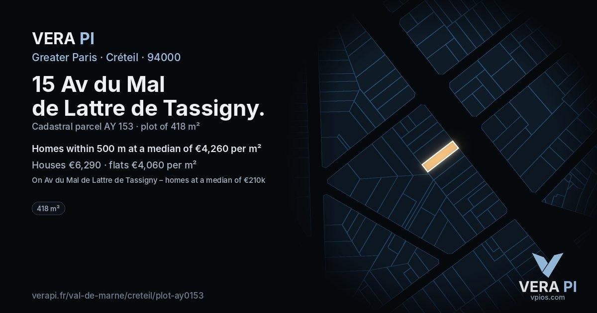 15 Av du Mal de Lattre de Tassigny, Créteil at night – the plot lit, the parcels around coloured by the prices near them