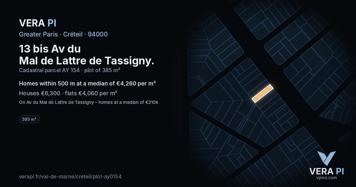 13 bis Av du Mal de Lattre de Tassigny, Créteil at night – the plot lit, the parcels around coloured by the prices near them